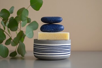 Stacked blue stones, yellow sponge, and a gray bowl with navy stripes create a calming, minimalist still life.