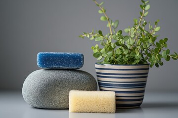A stack of textured blue soap bars rests atop a gray stone, alongside a light yellow sponge and a striped planter with greenery, creating a serene and natural still life.