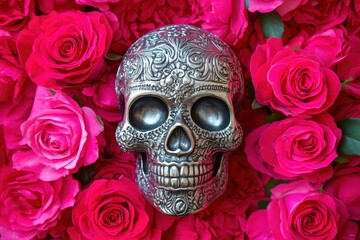A silver skull with intricate designs rests amongst a vibrant array of deep pink roses.