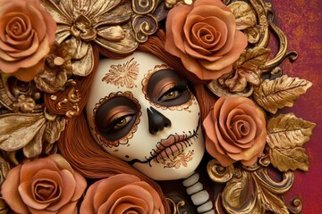 Ornate, detailed portrait of a sugar skull adorned with intricate gold embellishments and rich, warm-toned roses.