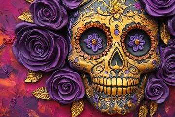 A detailed, ornate skull adorned with meticulously crafted purple roses and golden embellishments, set against a vibrant crimson background.