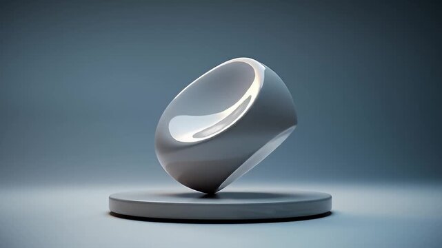 Abstract, gray, egg-shaped object resting on a round platform against a gray background