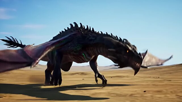 Winged dragon struts across sandy desert with teeth bared in sunlight against blue sky