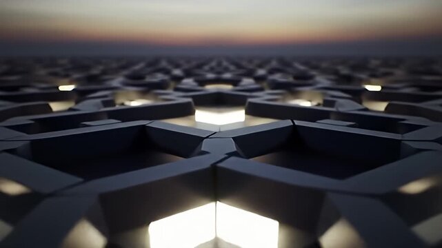 Perspective view of an endless geometric lattice pattern under a dusky sky