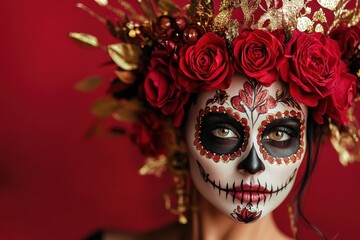A woman with elaborate sugar skull makeup and a floral crown, set against a deep crimson backdrop, exudes a captivating and festive atmosphere.