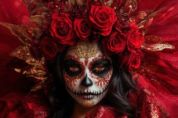 Close-up portrait of a woman with elaborate Day of the Dead makeup and a crown of red roses, showcasing a dramatic use of color and intricate details.