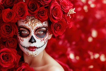 A woman with elaborate skull makeup, adorned with a wreath of red roses, creates a striking artistic portrait.