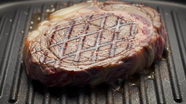 A thick-cut, juicy steak sizzles on a hot, ridged grill, revealing beautiful grill marks
