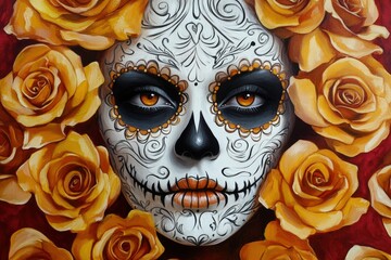 A detailed portrait of a sugar skull woman, adorned with intricate designs and a profusion of vibrant yellow roses, exudes a captivating and unique aesthetic.