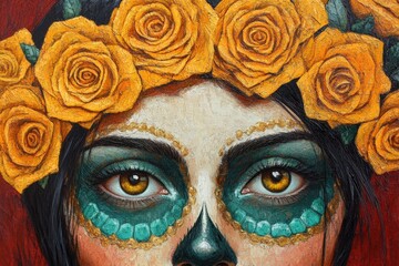 Close-up portrait of a woman with intricate face paint, adorned with a vibrant wreath of yellow roses, showcasing a captivating and colorful design.
