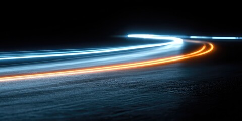 Abstract light trails curve across dark surface