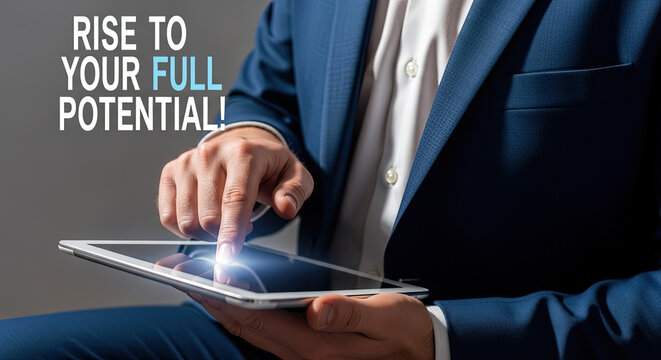Man in a suit taps a modern tablet with his finger showing a light