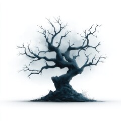A gnarled, leafless tree, dark blue-grey, stands on a small rocky mound against a white background; mist swirls around its branches