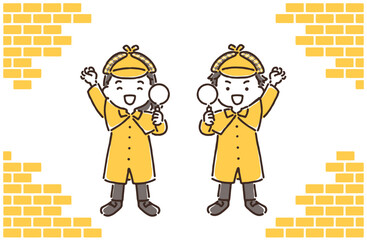 虫眼鏡を持ちエイエイオーをしている探偵姿の男の子と女の子