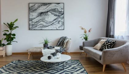 Obraz premium Beautifully Designed Modern Living Room Interior with Chic Furniture and Stylish Home Decor Accents
