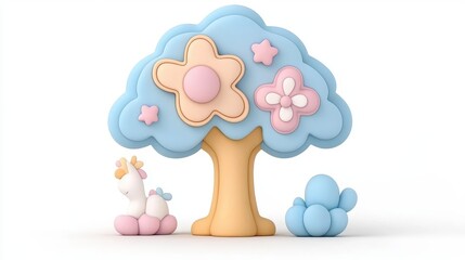 Cute Cartoon Tree and Animal