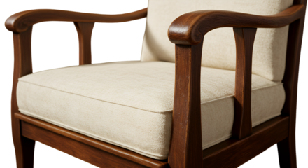 Detailed Realistic Photo Of A Brown Wooden Chair With Beige Seat Isolated