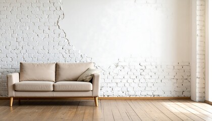 A light beige sofa sits in a room with a white brick wall and light wooden flooring.