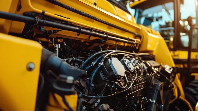 Close-up view of a yellow tractor engine showcasing intricate machinery details and hydraulic systems in bright daylight