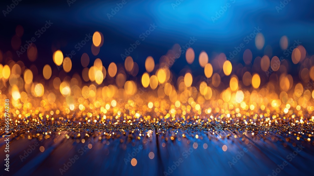 Poster abstract bokeh background with shimmering golden lights and a blue gradient, creating a festive atmo
