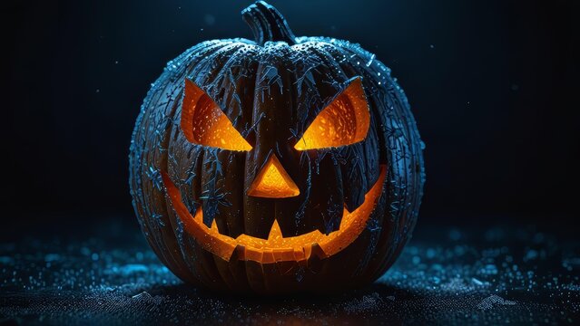 Frosty jack-o’-lantern with glowing blue icy aura