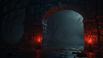 Gothic spooky archway glowing in dark eerie Halloween scene
