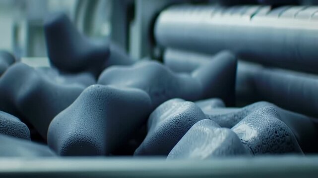 Gloved hand reaching into a pile of gray, lumpy star shapes near a machine part