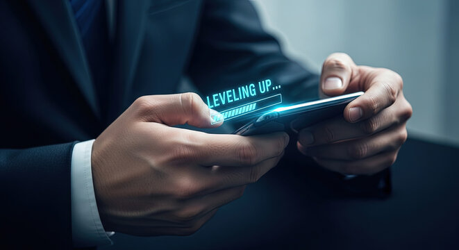 Hands holding device showing leveling up with digital bar over a dark suit
