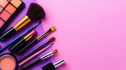 A vibrant arrangement of makeup tools and cosmetics on a pink background, showcasing beauty essentials