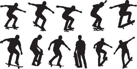 Black silhouette set of skateboarders performing tricks