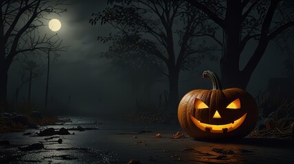 Spooky glowing jack-o’-lantern side placement website hero image