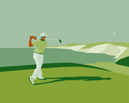 Golfclub competition poster. Template for golf competition or championship event. Blue sky and green golf field.