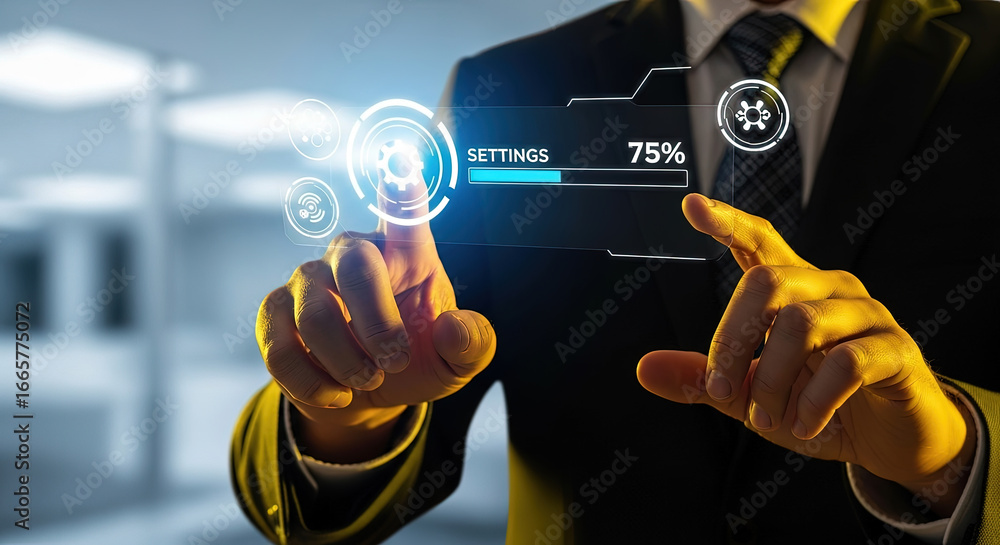 Poster businessman interacts with digital settings interface showing progress at seventy five percent compl