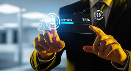 Businessman interacts with digital settings interface showing progress at seventy five percent completion for configuration