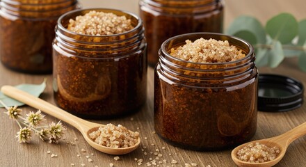 Brown sugar scrub in amber glass jars.