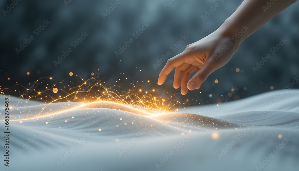 Poster a hand reaching towards a glowing network above a white surface with a blurred background scene