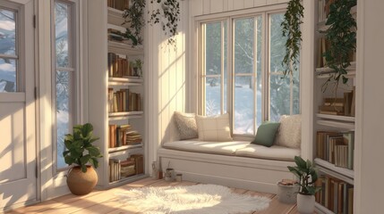 Cozy sunroom with bookshelves and window seat