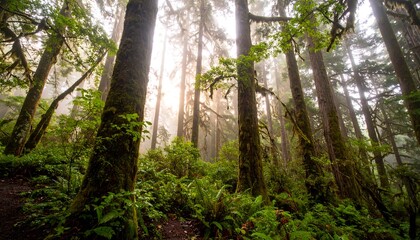 Obraz premium Sunlight filters through a dense, mossy forest, illuminating towering trees and lush undergrowth.