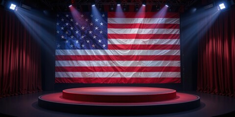 American Flag on Stage: Patriotic Event Backdrop, Dramatic Lighting, and Empty Podium