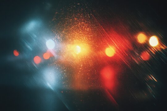 Abstract night scene, blurred lights through rain-streaked glass - Powered by Adobe