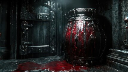 Blood-Soaked Barrel in Dark Room