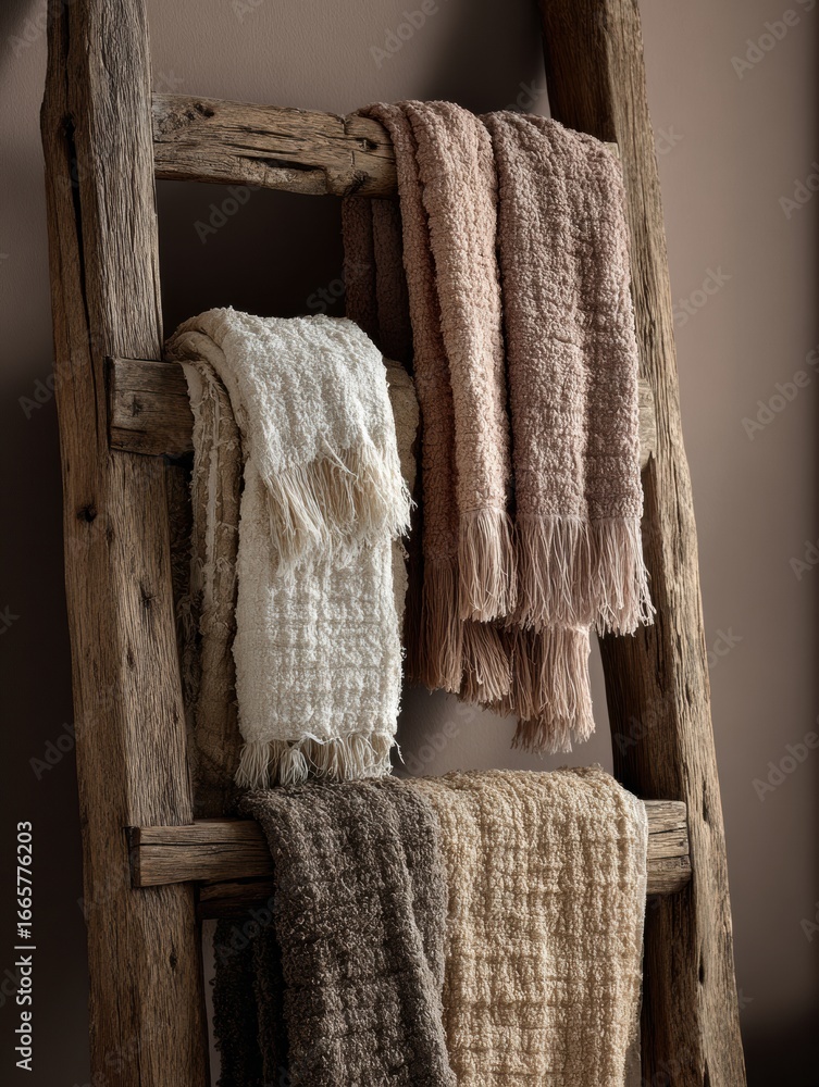Poster cozy textiles displayed on rustic wooden ladder in warm interior setting with soft color palette