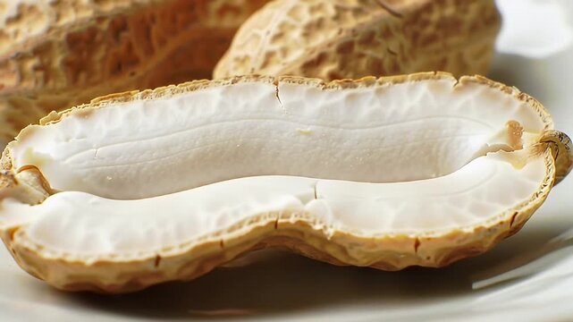 Close-up of a halved peanut revealing the smooth interior of its shell
