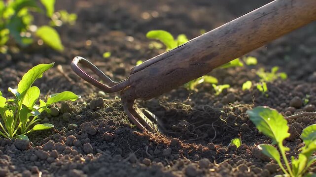 Hoe tills soil around small green sprouts in a garden, brown dirt and sunlight