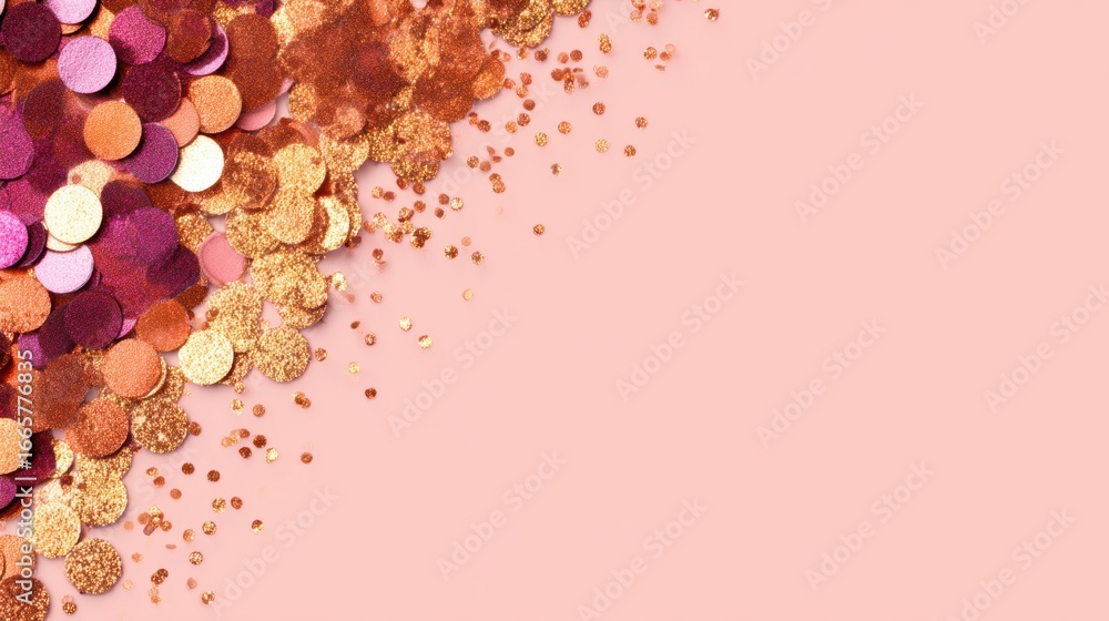 Poster a vibrant arrangement of shimmering confetti in varying shapes and sizes scattered across a soft pin