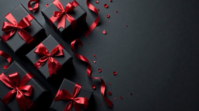Elegant Black Gift Boxes with Crimson Ribbons and Festive Confetti Scattered Across a Dark Surface