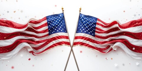 Celebrating American Patriotism: Two Majestic US Flags Waving Gracefully in a Festive Display