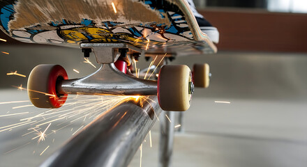 Skateboard grind action close up with sparks flying as rider performs trick on metal rail outdoors