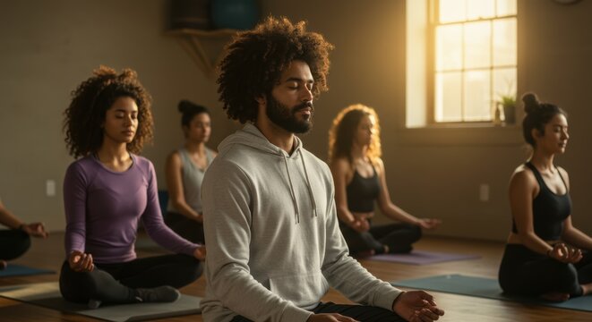 Diverse group practices mindful yoga in a peaceful light filled studio for wellness balance and healthy lifestyle