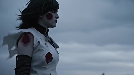 Woman with pale makeup and costume stands outside against bleak, overcast sky